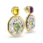 Chroma drop earrings, Asymmetrical design, Octagon cut, Multicolored, Gold-tone plated